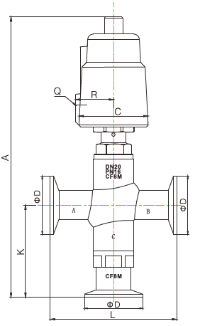 sanitary pneumatic 3 way angle seat valve